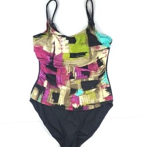 Fantasizer Abstract Print Slimming One Piece Bathing Suit D Cup Black Ma…